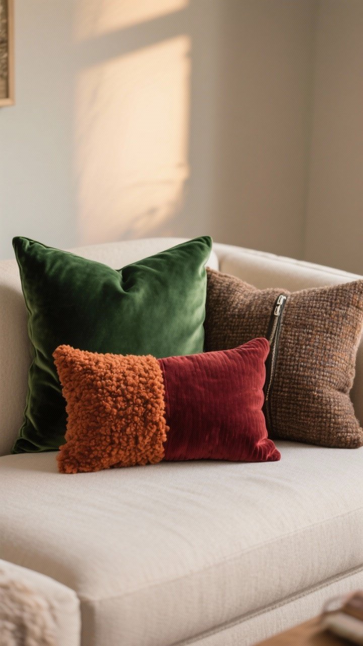 Medium shot of a sofa styled with mix-and-match winter pillow covers: forest green velvet 24x24, rust bouclé 22x22, burgundy corduroy lumbar, and a tweed espresso cushion; keep existing inserts visible via slightly open zipper; textures emphasized with warm ambient light; neutral sofa backdrop; two statement pillows and one solid neutral arranged asymmetrically, no people