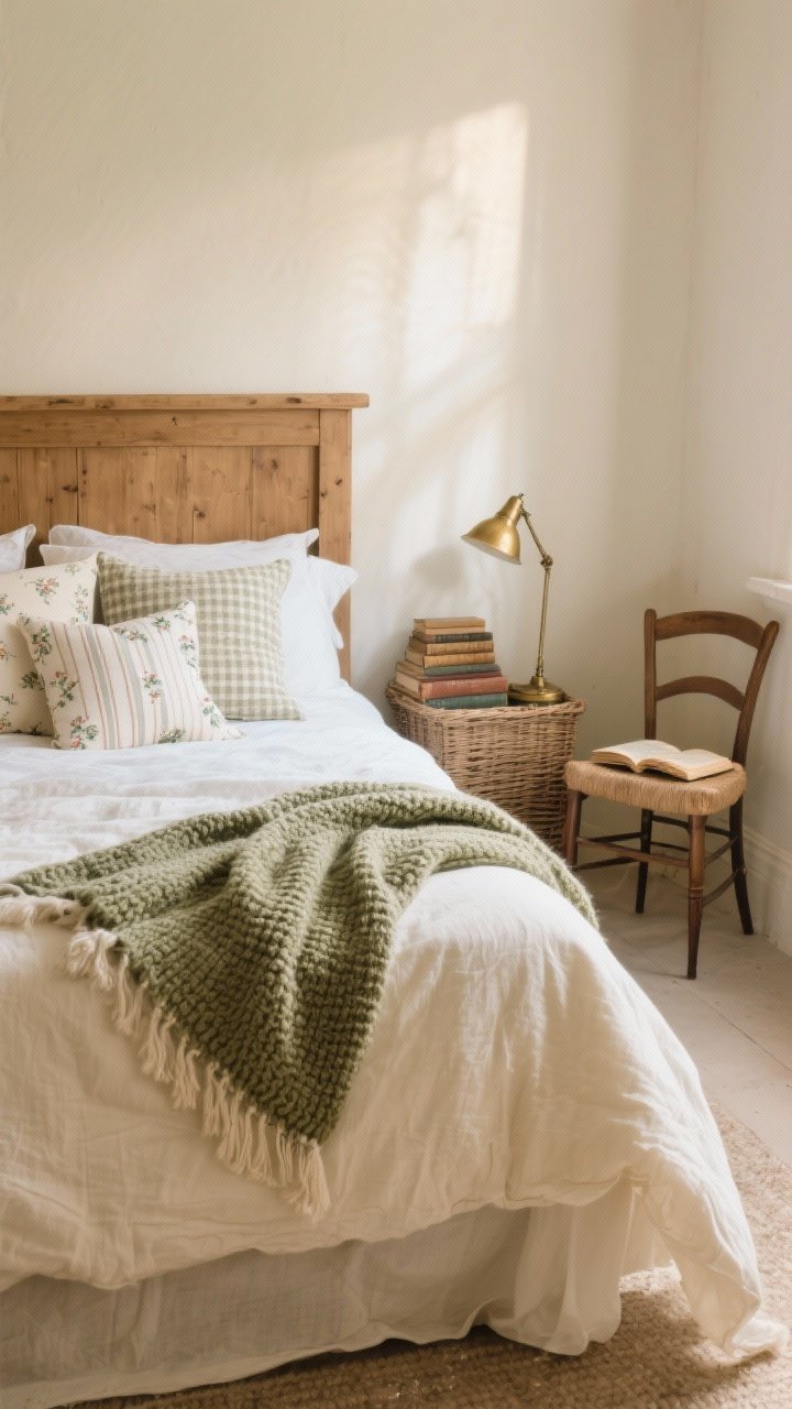 Medium shot of a storybook bed: washed linen bedding in warm cream with a cotton percale sheet peeking out, a fluffy white duvet, a textured knit throw in sage at the foot; throw pillows in micro florals, soft stripes, and tiny checks; a simple wood headboard; bedside basket of old books and a small reading chair with a brass reading lamp forming a cozy nook; calm, diffused morning light.