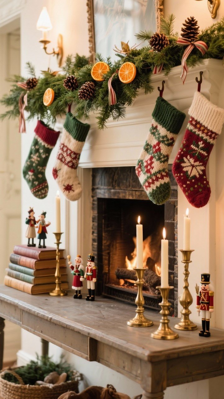 Medium shot of a storybook mantel vignette created on a console table as a faux hearth: lush greenery garland laid first, tucked with dried orange slices, pinecones, and ribbon; stacked vintage books; brass candlesticks at varied heights; mismatched knit and needlepoint stockings hanging from hooks; small figurines like carolers and toy soldiers. Warm ambient lighting, straight-on composition.