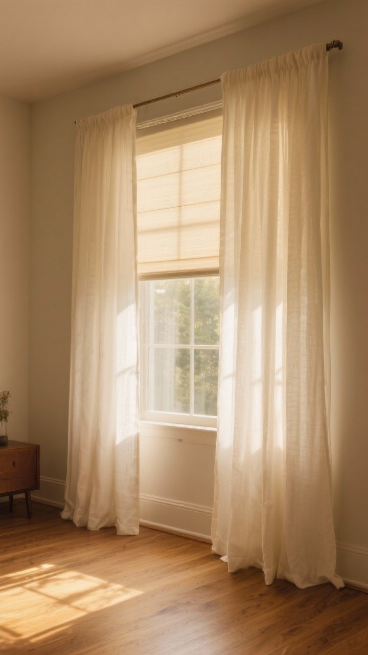 Medium shot of a sunlit window wall with sheer linen curtains in off-white, hung high and wide to elongate the room; doubled panels for rich fullness; hidden thin blackout roller shade slightly visible behind the linen; warm golden-hour glow washing the walls and oiled oak floor; minimal decor to emphasize the diffused, soft, expensive-looking light