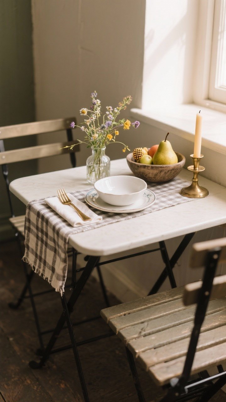 Medium shot of a tiny table set for one: a narrow bistro table with a gingham cloth and linen runner layered, cotton napkin with brass flatware, a mix-and-match vintage plate with a simple white bowl, a petite vase of wildflowers and a rustic fruit bowl with pears; beeswax taper in a brass holder; cozy corner placement with warm afternoon light.