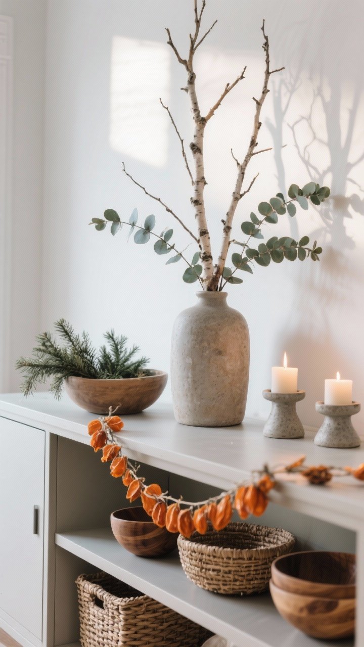 Medium shot of a vignette bringing nature in: a tall vase with bare birch branches and eucalyptus on a sideboard, cedar and juniper sprigs tucked into shallow bowls, woven baskets and wooden bowls arranged below, stoneware candleholders lit; a dried orange garland strung across a shelf; soft winter daylight with gentle shadows, natural textures emphasized