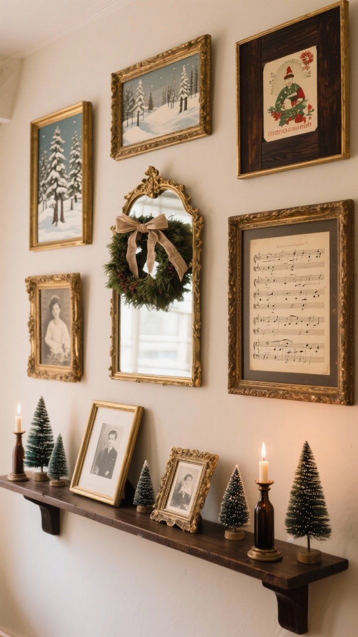 Medium shot of a vintage-inspired gallery wall: cohesive frames in antique gold and dark wood displaying winter scenes, vintage holiday cards, old family photos, and framed sheet music. A shelf below with leaning frames, miniature bottle-brush trees, and candles; a small wreath hung over a mirror with ribbon for added texture. Warm, diffused lighting, straight-on view.