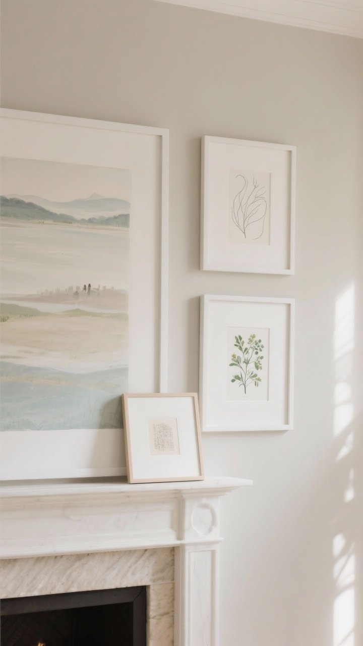 Medium shot of a wall with edited spring-ready art: a gallery refresh with 2–3 swapped pieces—airy landscapes, a minimal line drawing, and a botanical print in light, open tones; all in existing frames with white or off-white mats to elevate; one oversized calm abstract piece leaning on a mantel alongside a smaller framed print for a casual European vibe; neutral wall, uncluttered styling, soft daylight skimming across the frames to emphasize texture and matting