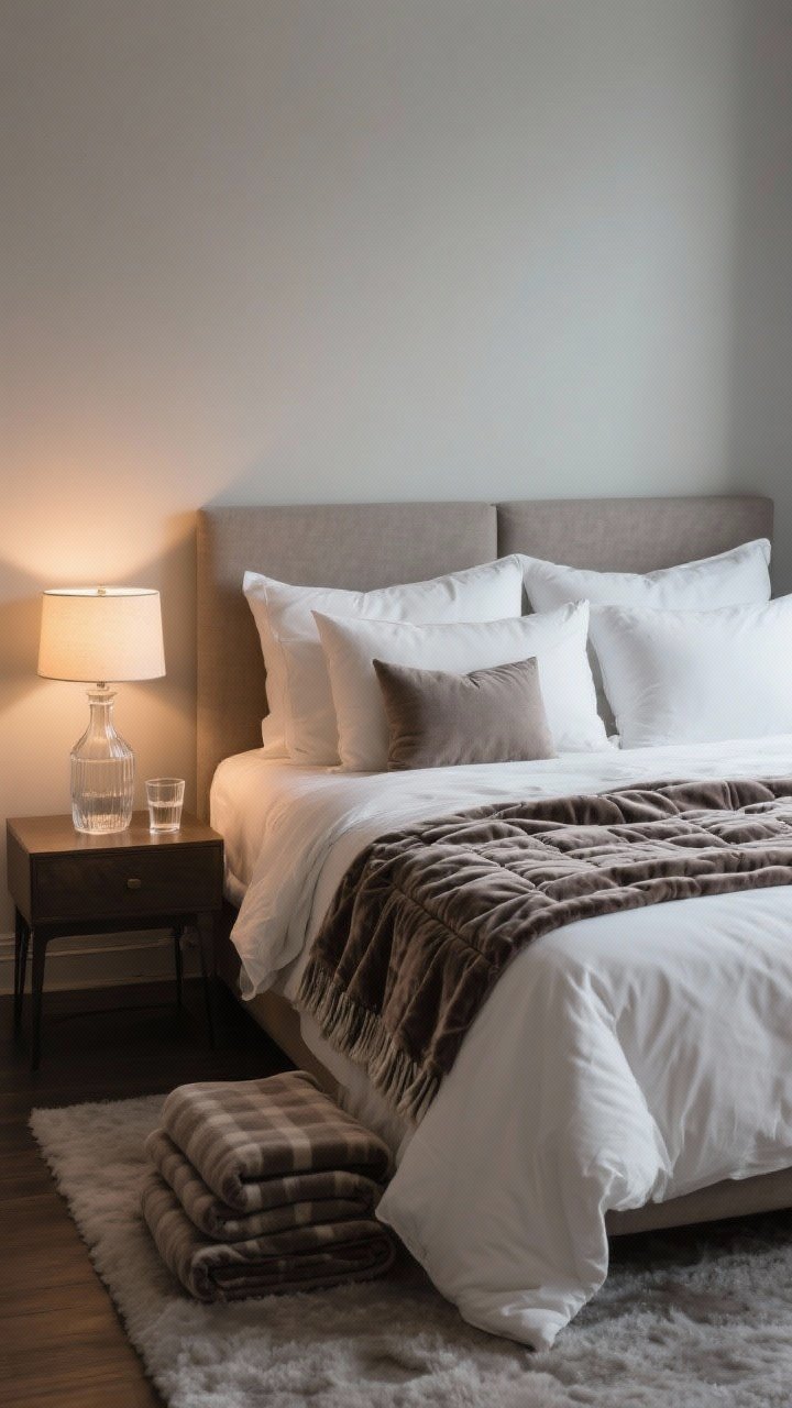 Medium shot of a winter bed as destination: flannel sheets visible at the cuff, a lofty duvet topped with a velvet quilt/coverlet for a hotel look, a throw blanket folded at the foot; pillow stack with sleeping pillows, two euro shams, and one accent pillow; nightstand with a glass carafe and tumbler, plus a dimmable lamp casting warm, gentle light; calm, enveloping mood