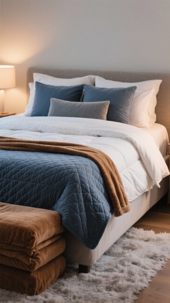 Medium shot of a winter-elevated bed: flannel sheets in warm white, a down-alternative duvet with a breathable cover in slate blue, a quilted matelassé coverlet in caramel folded at the foot; pillow stack of two sleeping pillows, two euro shams, and one long lumbar; soft evening light for plush calm.