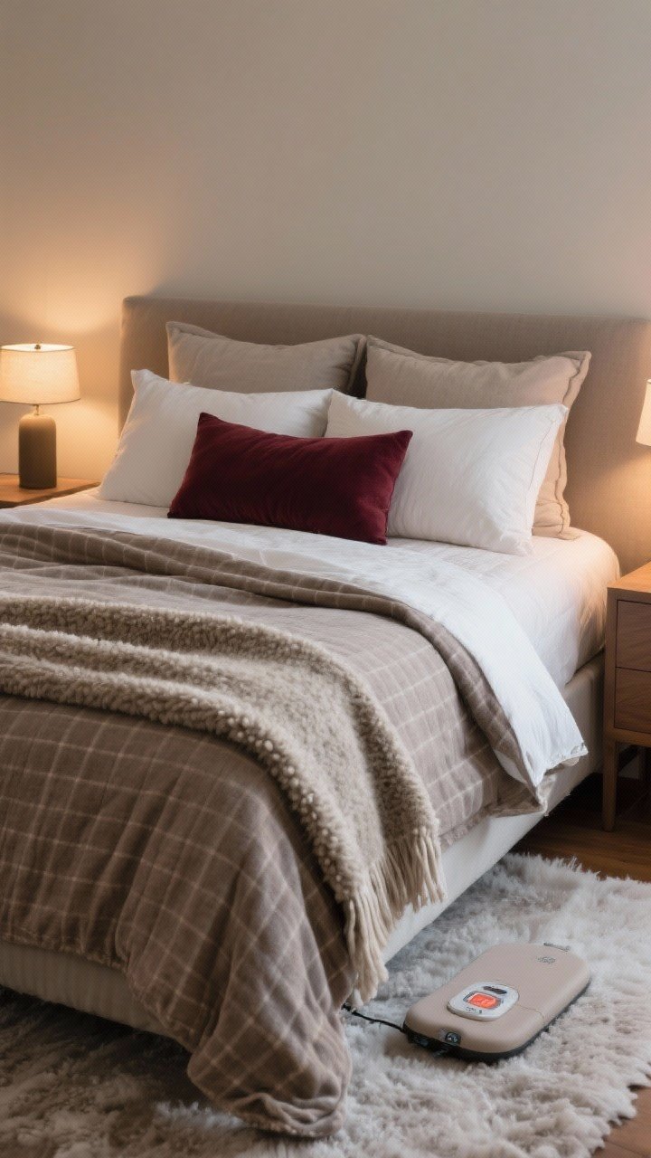Medium shot of a winter-ready bed: flannel sheets peeking from under a cozy duvet one weight heavier for winter, topped with a thick wool blanket folded at the foot; pillows layered—two sleeping pillows, two Euro shams, and one long lumbar; muted neutrals with a deep burgundy accent pillow; subtle note of a heated mattress pad controller on the nightstand, warm bedside lamp glow, photorealistic.