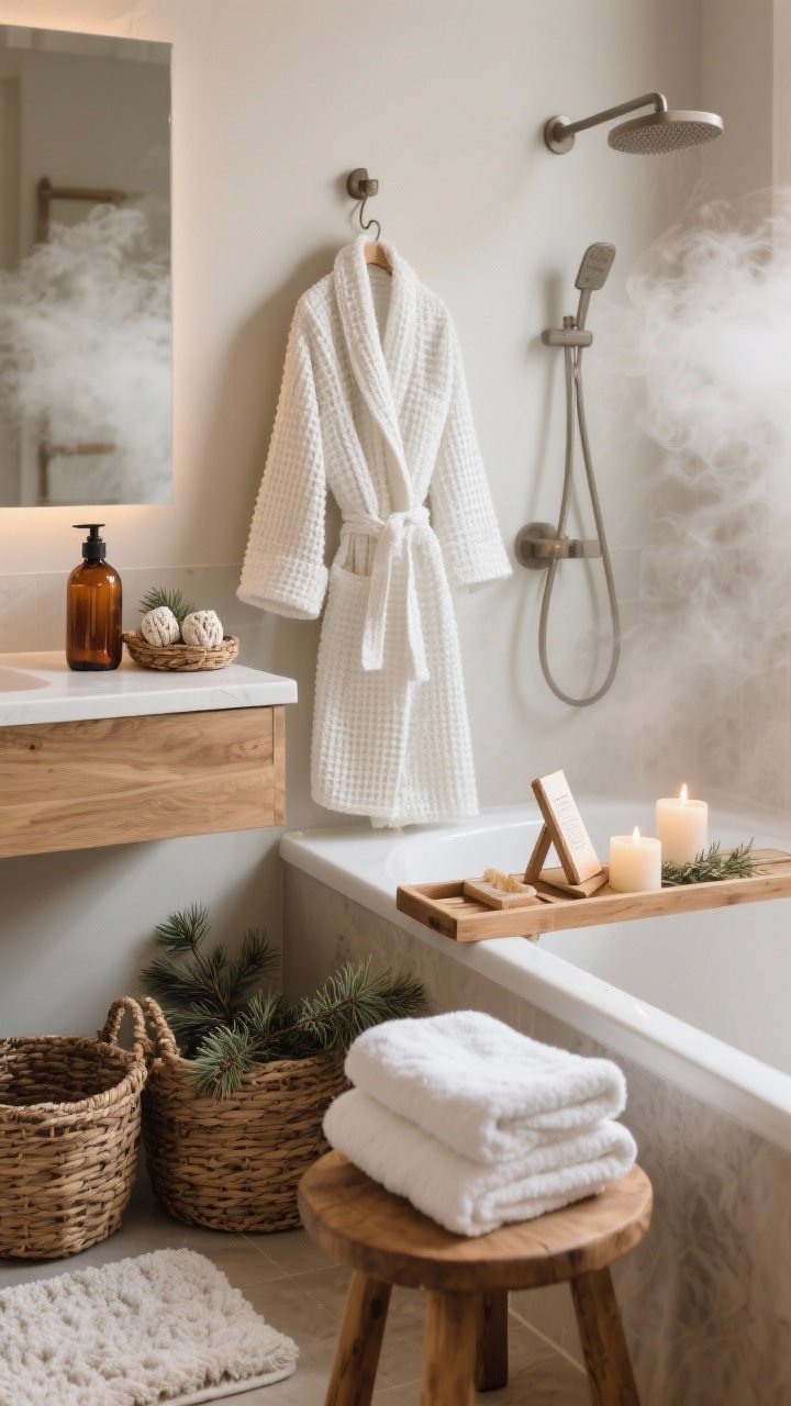 Medium shot of a winter spa bathroom: plush white cotton towels folded on a wooden stool, a textured waffle robe hanging on a hook, a thick soft bath mat by the tub, eucalyptus or pine shower steamers on the ledge, cedar-scented body wash in amber glass bottles, woven baskets for storage, a wooden bath caddy across the tub with unscented candles and a book stand; warm steamy atmosphere.