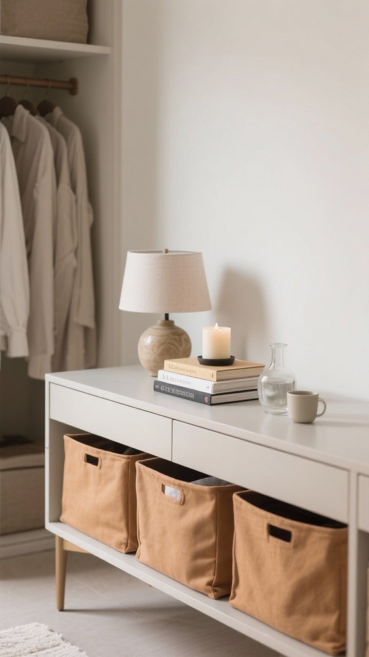 Medium shot of an edited, clutter-free dresser vignette: one small stack of books, one candle, and one ceramic piece arranged with negative space; nearby closet shelves hold neutral fabric bins in warm tones for hidden storage; nightstand follows the rule—lamp, a single book, and a glass carafe with cup, everything else stored away; clean lines, breathable composition, soft natural lighting, photorealistic.