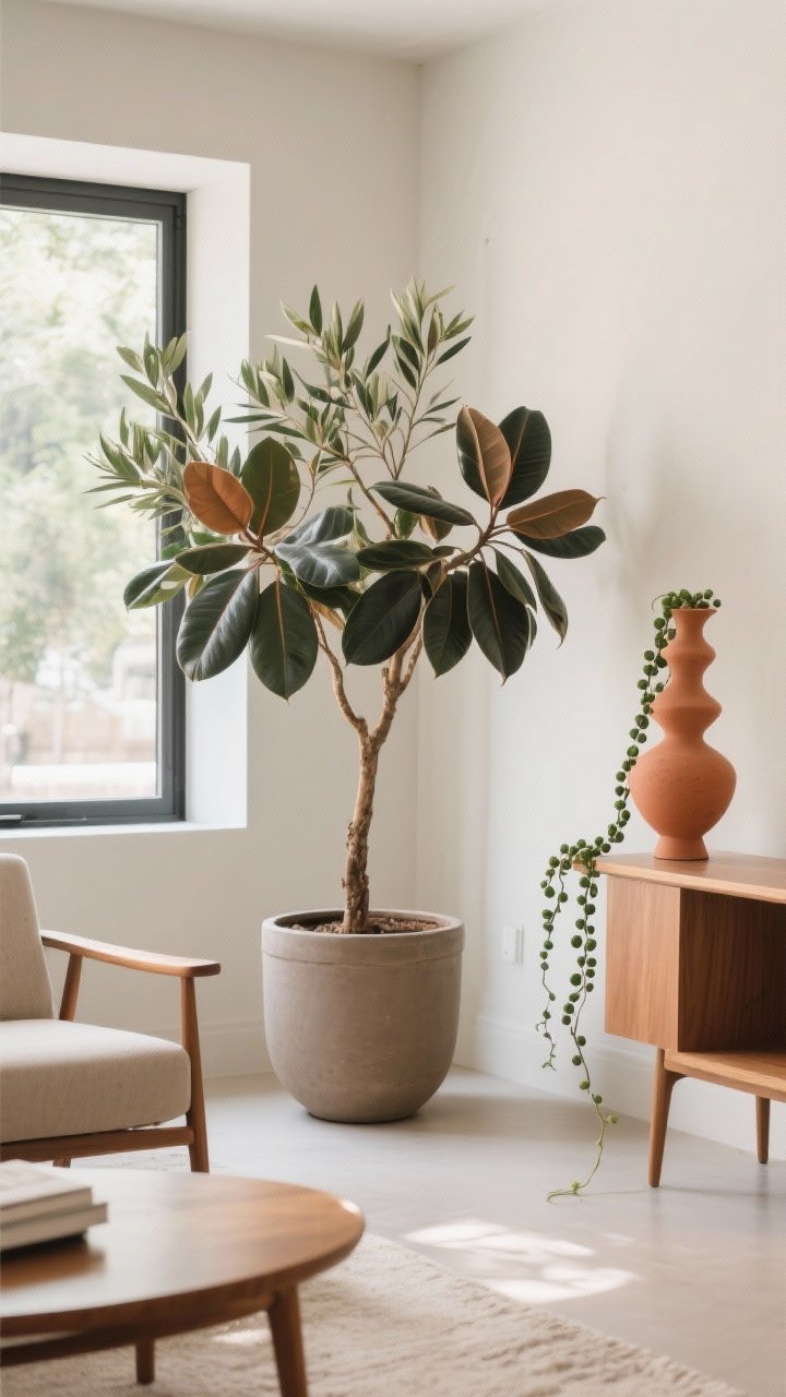 Medium shot of biophilic touches without clutter: a Ficus Audrey or Rubber Plant in a matte neutral planter near a window, an airy olive tree in warm terracotta, and a single sculptural trailing plant like string of pearls or Hoya on a shelf; grouped in an odd-number arrangement; clean mid-century furniture around them; gentle natural light; calm, balanced composition; photorealistic.