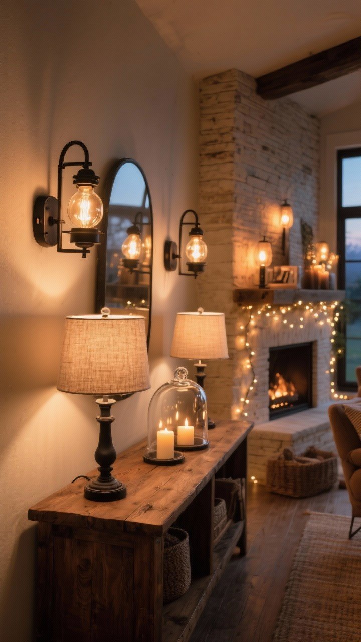 Medium shot of cozy layered lighting in a rustic living space at dusk: table lamps with linen shades on a wood console, blackened metal wall sconces casting a gentle wash, battery LED candles in glass hurricanes on the mantel, string lights tucked inside a glass cloche; bulbs at 2700K for an amber ambient glow; corner angle showing multiple light sources creating depth and warmth.