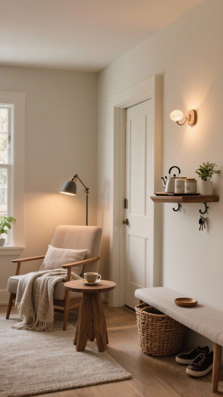 Medium shot of curated ritual corners: a reading nook with a high-back chair, adjustable lamp, small round side table holding a tea cup, and a soft throw; adjacent vignette shows a compact tea/coffee station on a tray with a kettle, two mugs, canisters, and a small plant; near the door, an entryway reset with a hook rail, narrow bench, woven basket for shoes, and a small dish for keys; warm, cozy lighting layered subtly; neutral, lived-in palette; photorealistic, slightly angled perspective to include all three zones.