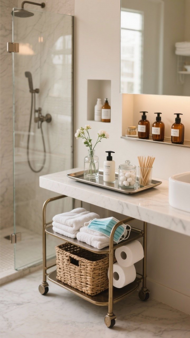 Medium shot of elevated storage on a bathroom counter and a tiny bar cart: a sleek tray corrals a glass hand soap, lotion, and a tiny bud vase; clear apothecary jars display cotton rounds, bath salts, and bamboo swabs; a rolling mini bar cart holds neatly folded towels, labeled masks, and extra TP hidden in a woven basket; amber pump bottles with minimalist labels line a nearby shower niche, replacing plastic bottles; balanced, clutter-free composition with neutral tones and glass reflections; soft, warm lighting; photorealistic, no people.