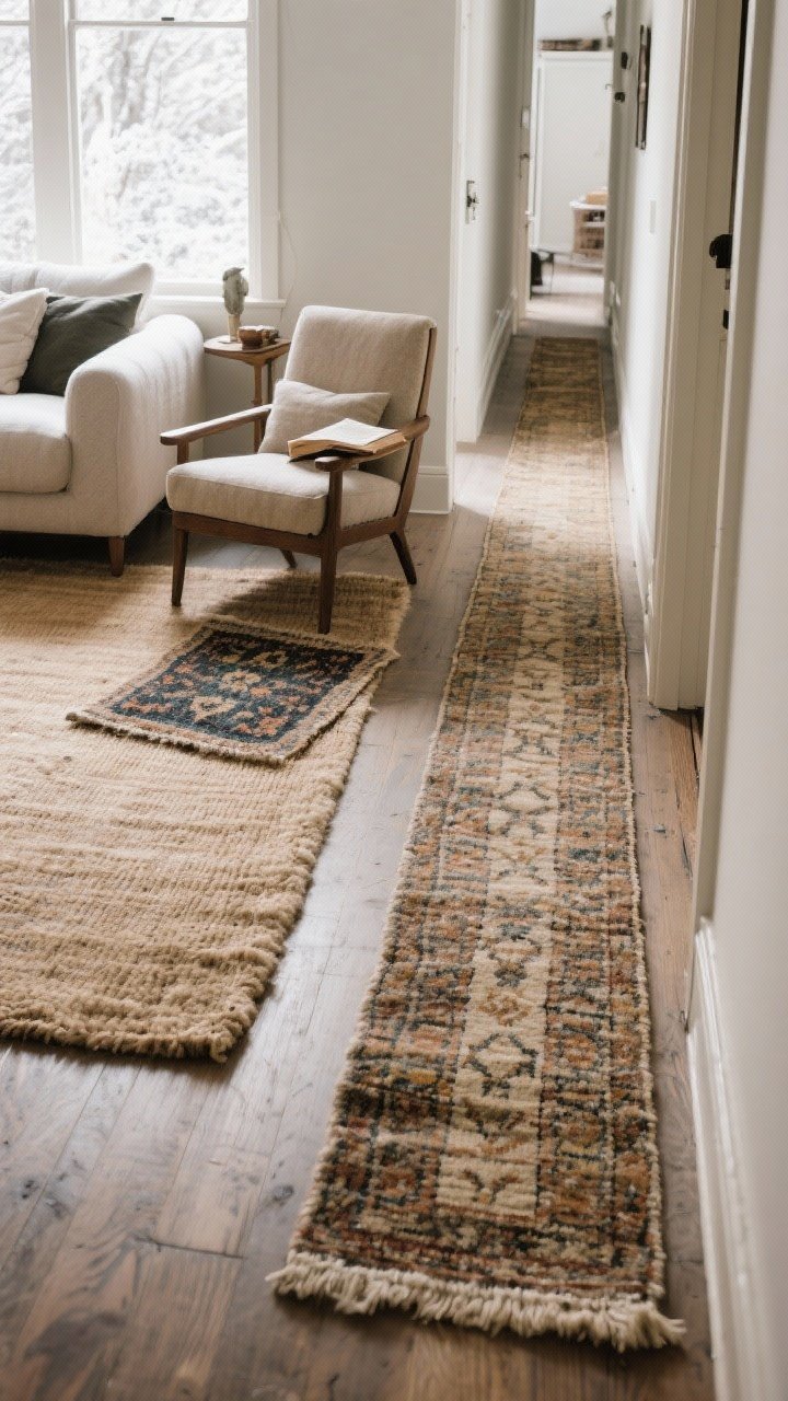 Medium shot of floors warmed with natural materials: a living room showing a dense-pile wool area rug, a larger jute base rug with a smaller patterned wool rug layered on top near a reading chair, and a narrow vintage-look hallway runner disappearing into the corridor; visible thick rug pad edge hinting at cushioning; cozy winter daylight