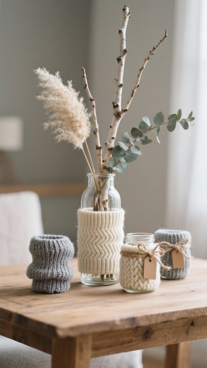 Medium shot of knit-look vase wraps made from old sweater sleeves: a tall glass vase and a smaller jar dressed in ribbed cream and cable-knit gray sleeves with folded cuffs, secured discreetly at the back. Styled with winter stems—dried pampas, slim birch branches, and a sprig of faux eucalyptus. A trio of smaller wrapped jars tied with twine and a tiny wooden tag forms a simple centerpiece on a wooden table. Soft, cozy daylight, photorealistic.