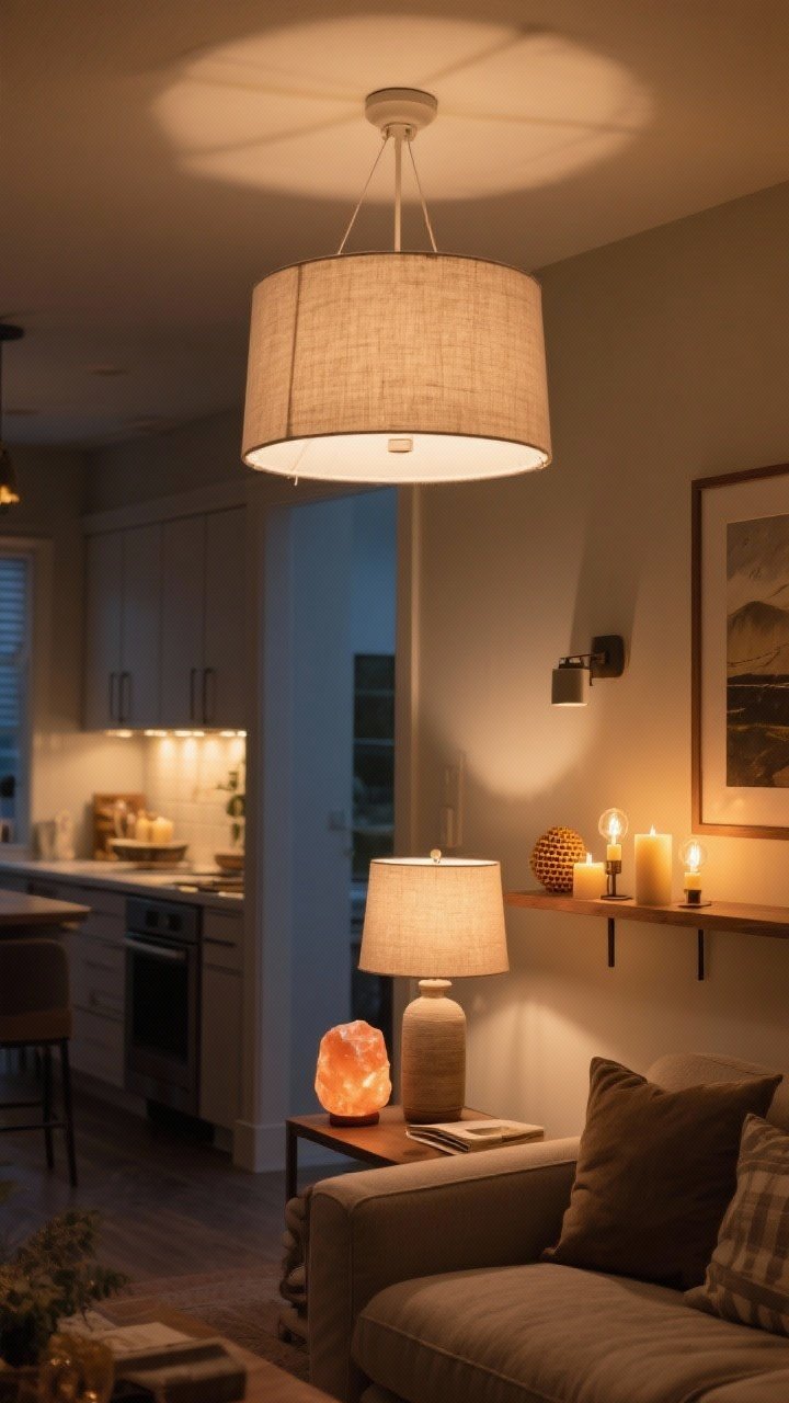 Medium shot of layered cozy lighting in a living room: dimmable ambient ceiling light with a linen shade, a task reading lamp by the sofa, and under-cabinet LEDs glowing softly in a visible adjacent kitchen pass-through; accent lighting via a picture light over artwork and a salt lamp on a shelf; beeswax candles creating warm pools of light; bulbs at 2700K for golden warmth, no harsh glare; matte finishes and soft textures visible; evening scene, photorealistic, straight-on view.