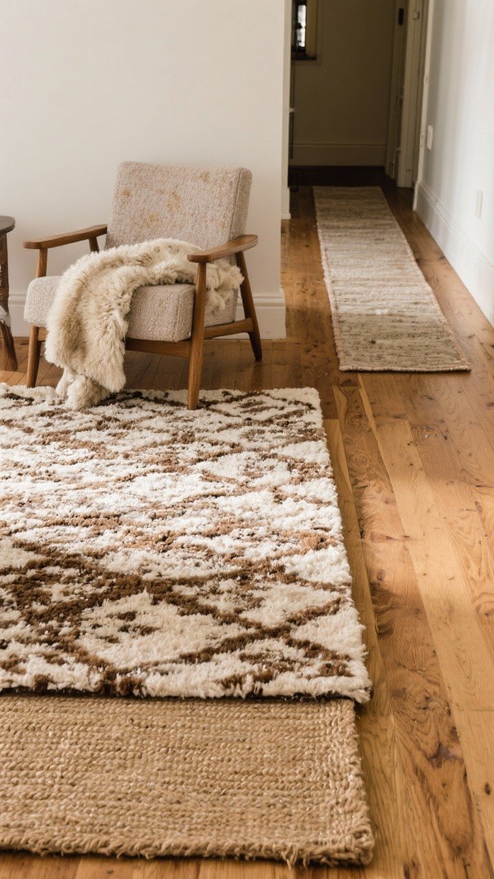 Medium shot of layered rugs on hardwood floors: a structured natural jute base with a patterned wool rug layered on top (earthy tones, pattern that hides winter mud); a faux sheepskin-style throw draped over a nearby accent chair; include a 3x5 runner leading toward a hallway in a small-space setup; visible rug pad thickness at edge hinting at extra plushness; warm, diffused daylight, no people