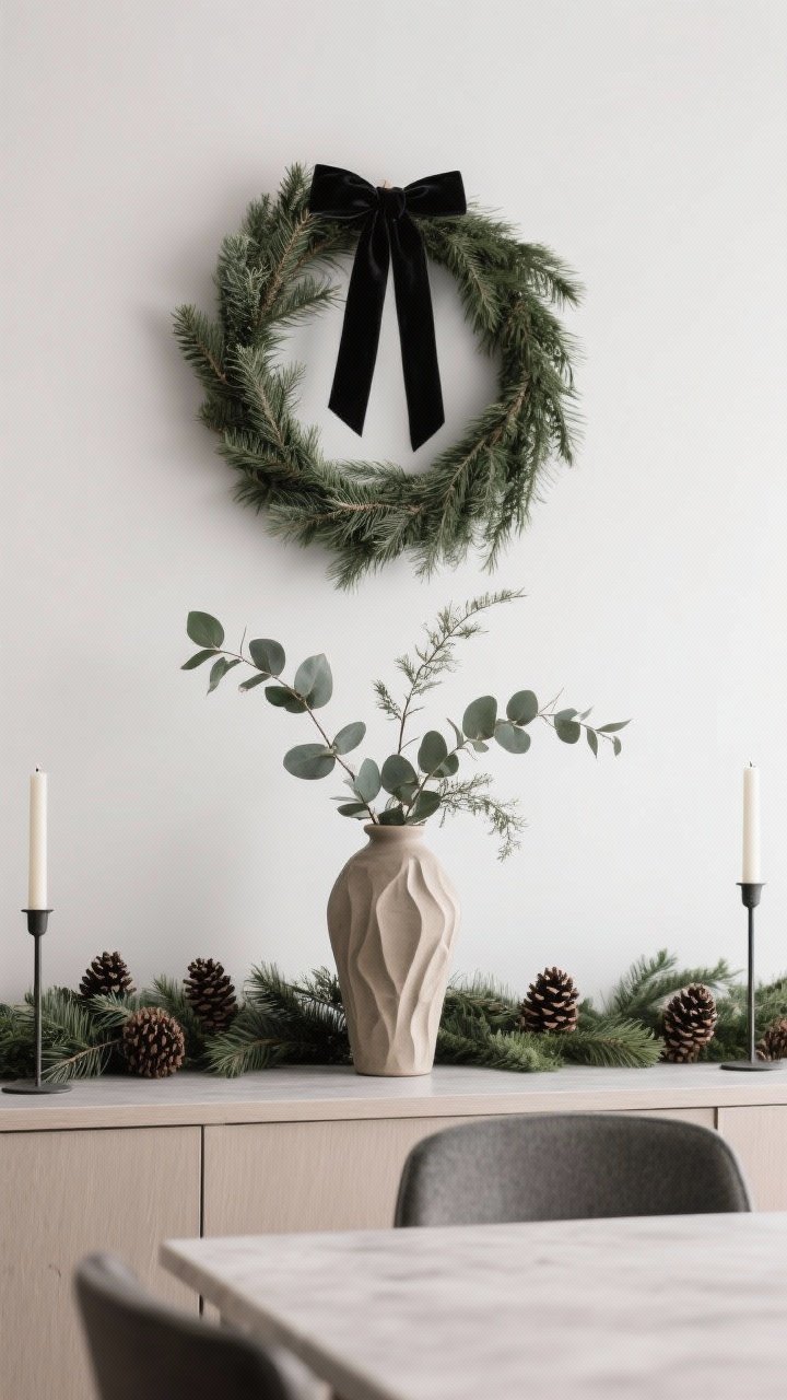 Medium shot of minimal evergreen styling on a dining console: tall ceramic vase with sculptural cedar and eucalyptus branches, a simple cedar wreath hung with black velvet ribbon on the wall above, and a low garland with pinecones flanked by slim candlesticks on the surface; unscented look, no glitter; clean negative space and calm mood