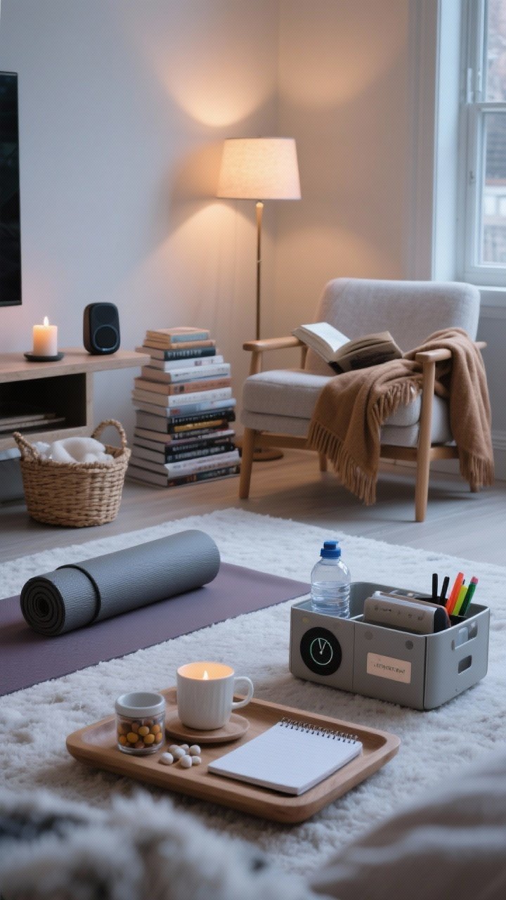 Medium shot of multiple ritual stations arranged within a living area: a morning corner with a yoga mat rolled in a basket, a candle, and a compact Bluetooth speaker; a reading zone with a cozy chair, warm throw, soft lamp, and a curated stack of books; a wellness tray near the hot-drink station holding a water bottle, supplements, and a notebook; a portable productivity caddy with a timer, notepad, and highlighters; cohesive winter palette; soft evening lighting; straight-on view, photorealistic.