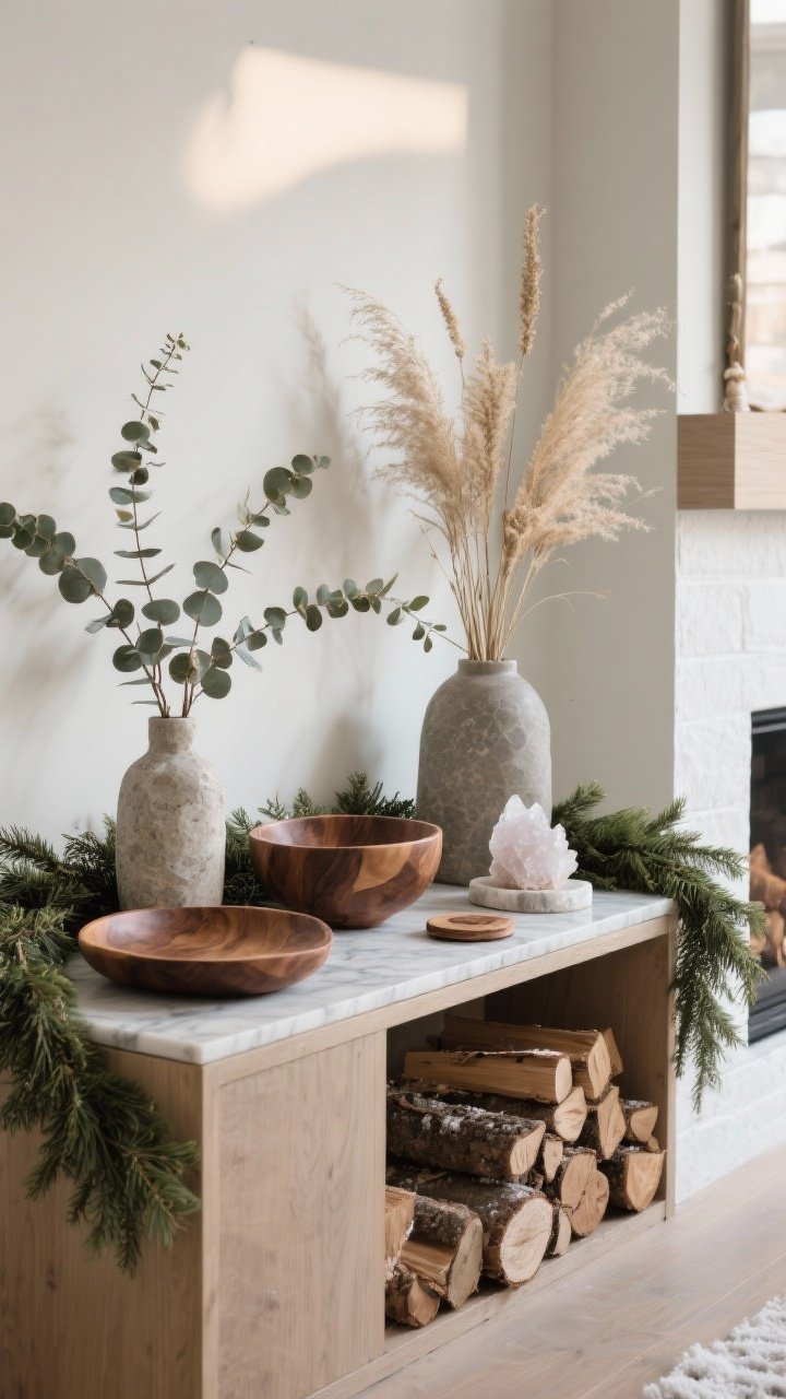 Medium shot of nature-inspired winter decor on a console: cedar garland draped along the edge, eucalyptus stems and dried grasses arranged in stone and ceramic vases, walnut and oak wooden trays and bowls, a small quartz cluster beside marble coasters, and a stack of decorative firewood even without a working fireplace; soft natural side light emphasizing organic textures.