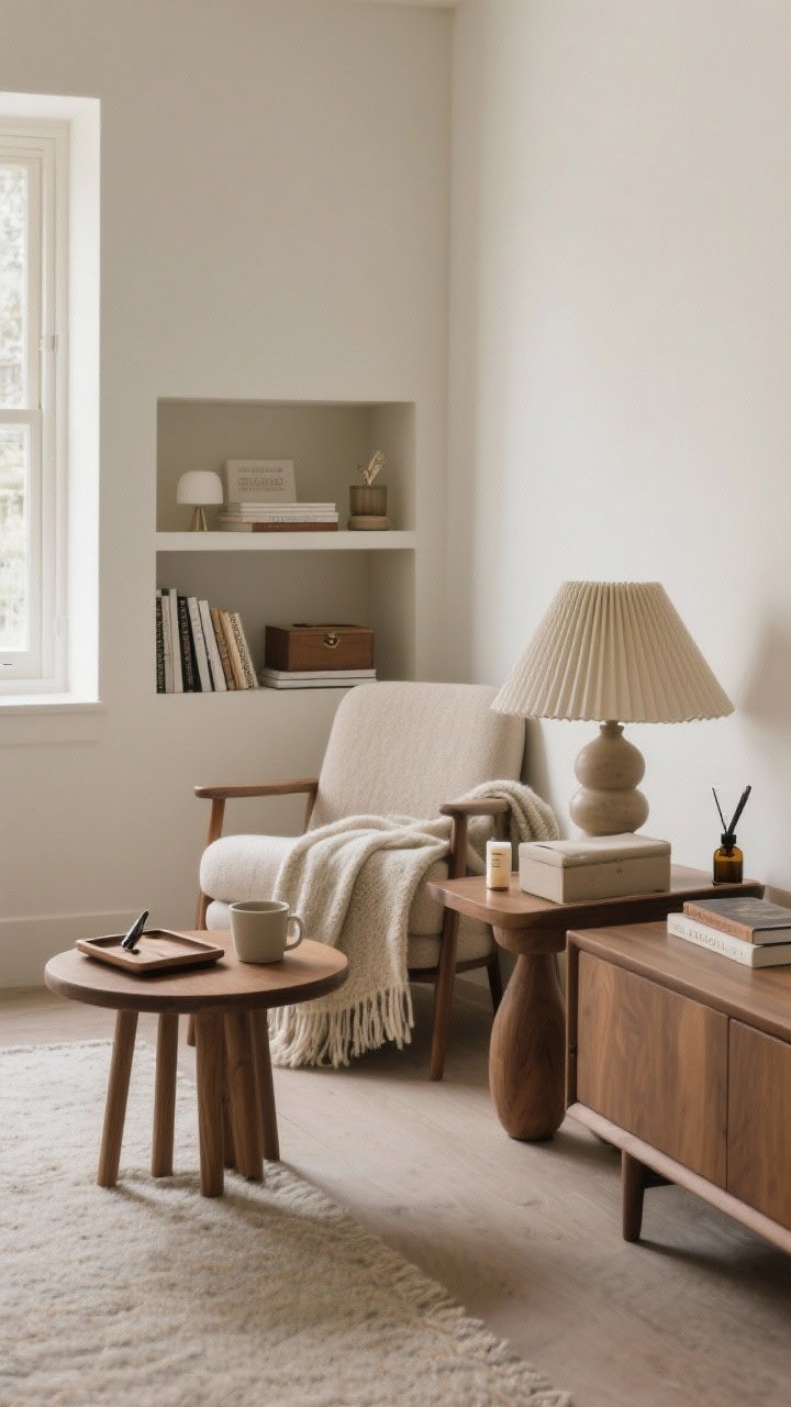 Medium shot of slow ritual zones grouped thoughtfully: a reading nook with a cozy upholstered chair, wool throw, small round wooden side table holding a mug and a pleated-shade lamp; a compact writing tray on a nearby dresser with journals, a fountain pen, and a linen-covered keepsake box; a wind-down station with a ceramic essential oil diffuser, hand cream, and a favorite book; balanced, calm composition, photorealistic.