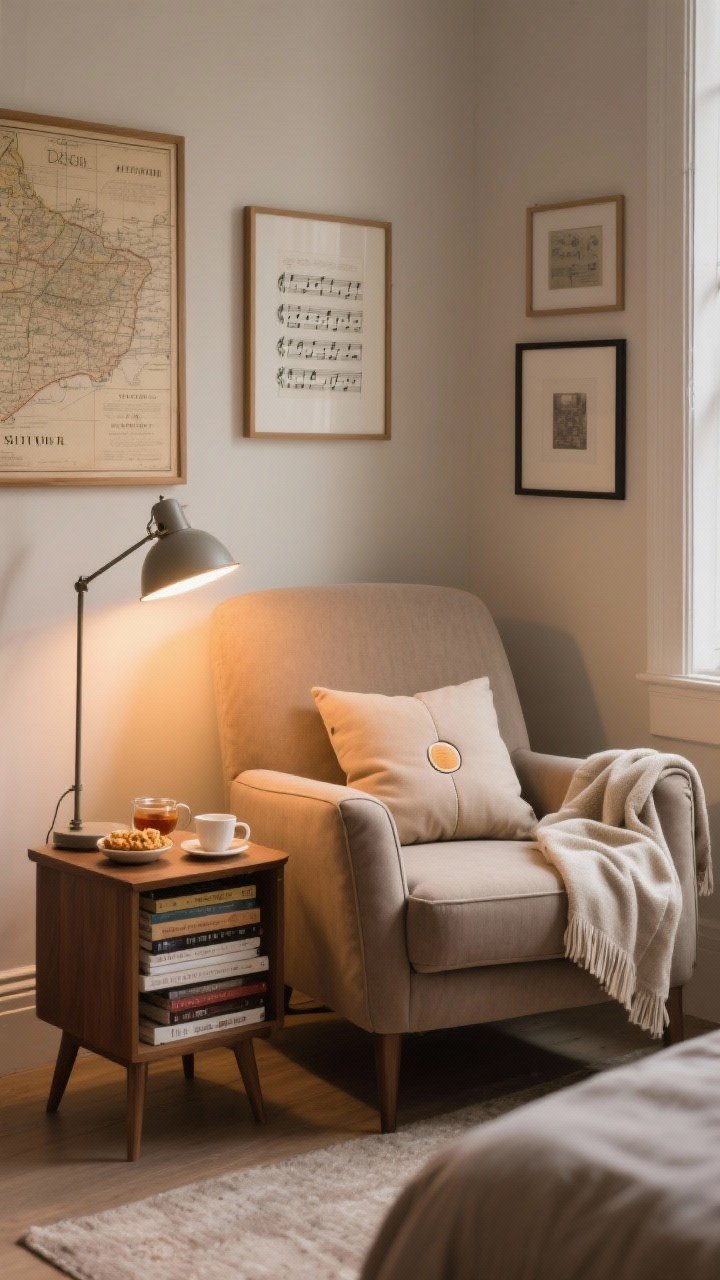 Medium shot reading nook: A deeply comfy armchair with a lumbar pillow and a folded heated throw; a warm-bright, focused reading lamp with a 2700K bulb; a small side table holding tea, snacks, and a stack of novels; personalized touches include a tiny gallery wall with framed sheet music and a vintage map; calm, do-not-disturb vibes, photorealistic.