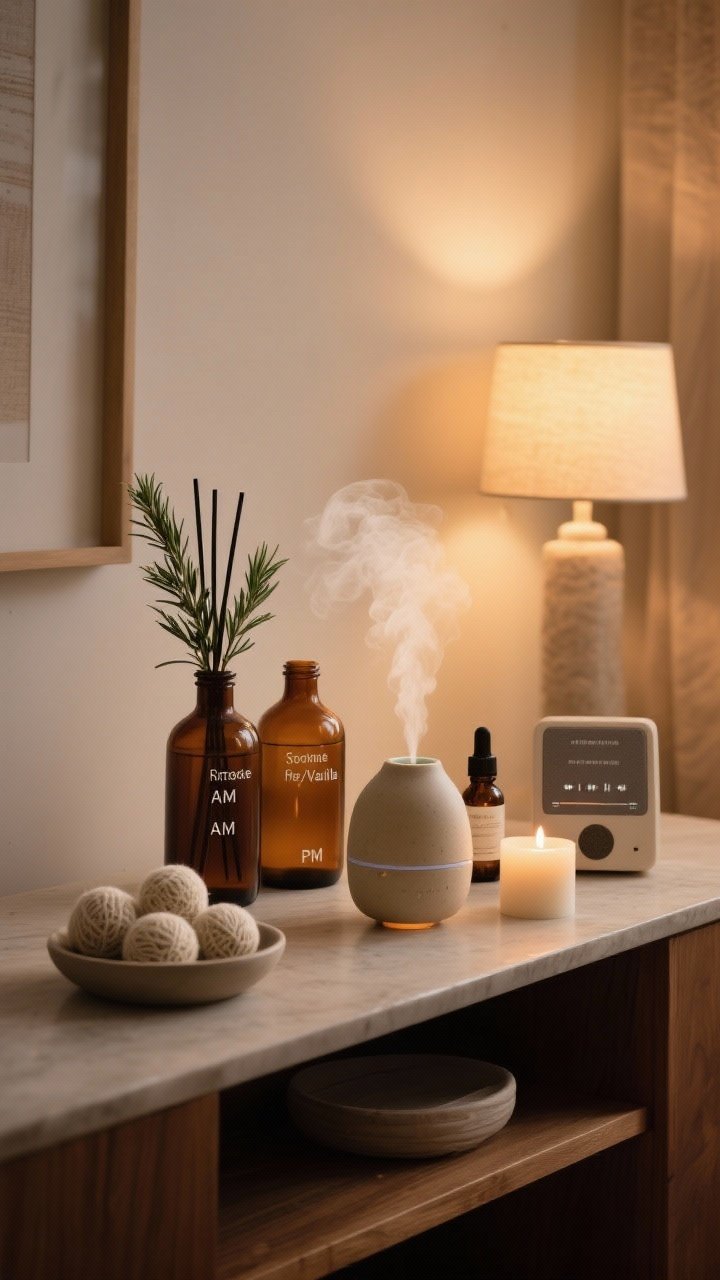 Medium shot: Sensory ritual vignette on a console table styled like an at-home spa—two amber glass bottles labeled citrus and rosemary for AM, and smoke/fir/vanilla for PM; a ceramic diffuser active with a gentle mist plume; wool dryer balls in a dish with a dropper bottle nearby; a small speaker showing an acoustic playlist paused; a candle ready to light; dimmed room with warm lamp glow suggesting a five-minute evening reset; color palette of soft neutrals, matte ceramics, and natural wood; photographed straight-on for calm symmetry.