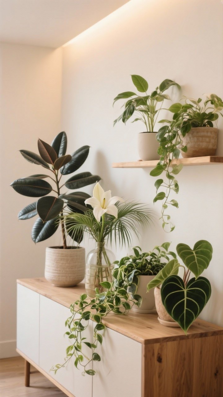 Medium shot showcasing calming, cozy plant energy: a curated selection of 5 hygge all-stars—rubber plant with broad moody leaves, peace lily with soft white bloom, parlor palm with airy fronds, trailing pothos, and a heartleaf philodendron—arranged on a sideboard and wall shelf; soft greens, mellow shapes, gentle movement, neutral backdrop in warm white with natural wood, soft indirect lighting for a serene sanctuary vibe, photorealistic.