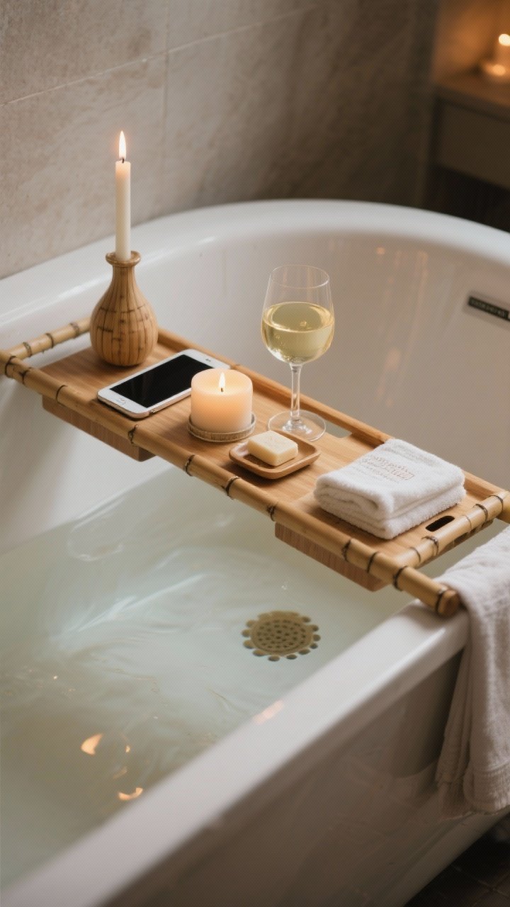 Medium shot, softly lit bathroom tub scene: a water-resistant adjustable bamboo bathtub tray spanning a white soaking tub filled with warm water; the tray has a phone slot with a smartphone, a fold-out book/tablet stand propping a paperback, a candle perch with a small lit candle, a removable soap dish with artisanal soap, and a stemware notch holding a chilled glass of white wine; rubber feet visible gripping the tub edges; styled with a neatly folded face cloth and a tiny vase; neutral, calming palette with natural wood tones; moody, layered candle glow and no overhead harsh light; photorealistic, no people.