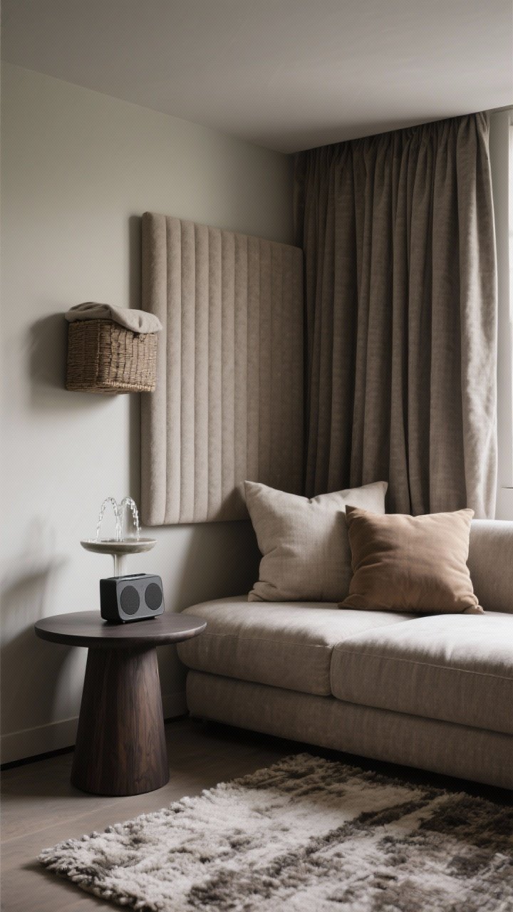 Medium shot: Sound sanctuary corner featuring soft materials—thick rug, heavy drapes, plush pillows—to absorb echo; compact wireless speaker on a matte wood side table, a small tabletop fountain gently trickling; upholstered wall panel and lidded fabric basket visible; calm, low ambient light, photorealistic.