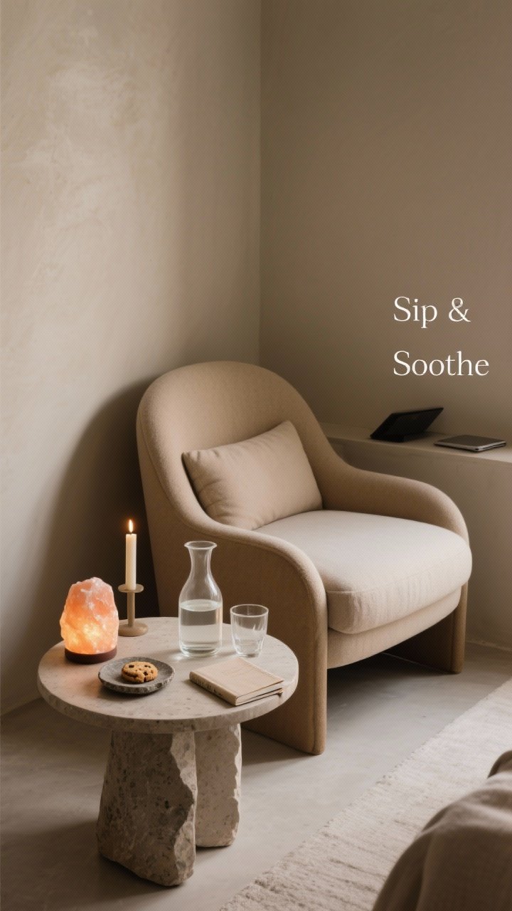 Medium shot, straight-on: A curated “Sip & Soothe” corner featuring a chair with a curved, hug-like back and deep cushion; a small round side table holds a stone coaster, a tiny dish with a biscuit, and a cloth-bound journal; ambient layer includes a softly glowing salt lamp and a taper candle in a simple holder; a clear glass carafe with water and a matching tumbler; low, warm lighting and no laptop or clutter, just serene simplicity