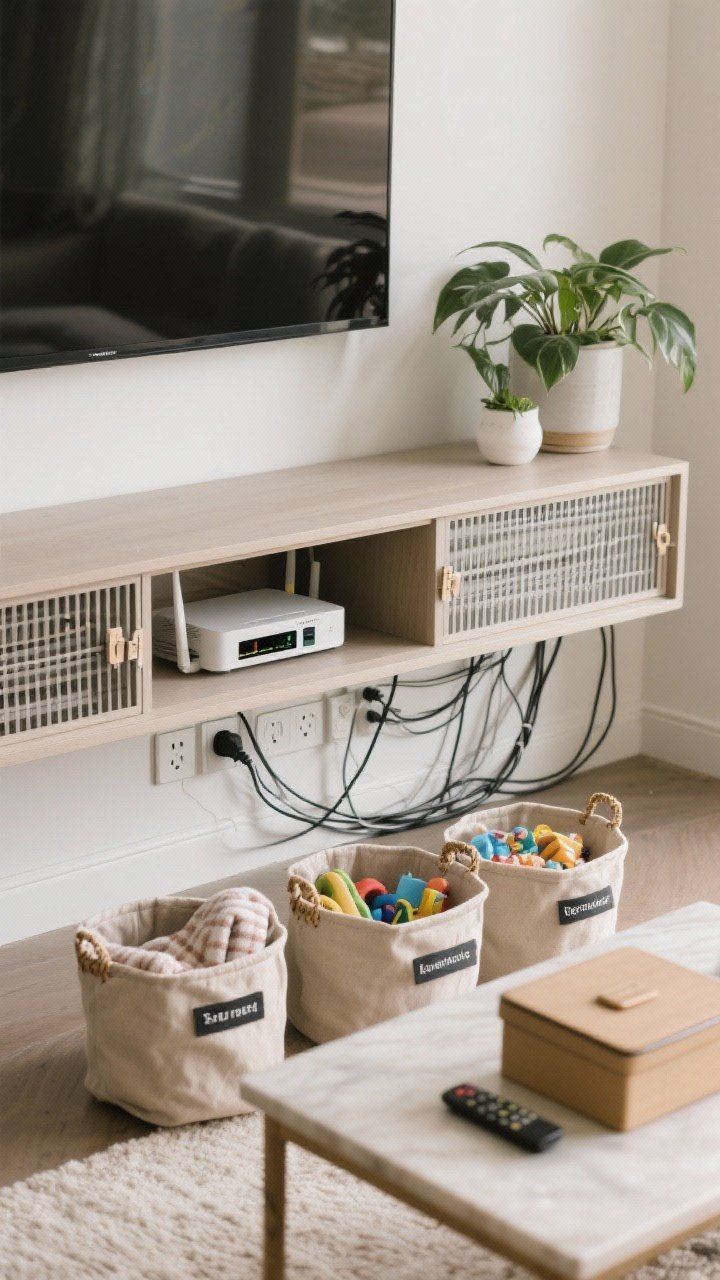 Medium shot, straight-on: A media console vignette focused on hiding visual noise—cords routed neatly with stick-on clips, a mounted power strip tucked under the console, cables concealed along the baseboard. On the console, a ventilated shelf nook holds a router discreetly behind a plant, and a lidded box sits on the coffee table for remotes. Include a trio of neutral baskets nearby labeled discreetly for throws, kids’ items, and randoms. Clean lines, calm lighting, no cable clutter in sight.