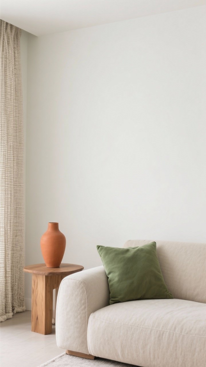 Medium shot, straight-on: A serene living room wall with a cohesive color story—base in soft white walls and a warm beige greige sofa; accents limited to sage green and terracotta in a single vase and a slim pillow; material tones from natural oak side table and a woven linen curtain. The palette follows a 60-30-10 balance: 60% neutral base, 30% secondary neutral, 10% accent. Soft natural light enhances the calm vibe; no extra decor clutter, just intentional color harmony.