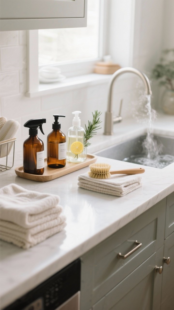 Medium shot, straight-on: A tidy kitchen counter transformed into a spa-like chore zone—amber glass spray bottles with minimalist labels, a glass soap dispenser on a small tray, and a natural bristle dish brush; a sink vignette with steaming dishwater and a bottle of lemon and rosemary essential oils nearby; folded microfiber cloths in a compact cleaning caddy; a linen spray bottle positioned near stacked towels; bright yet gentle daylight, clean surfaces, and calm mood
