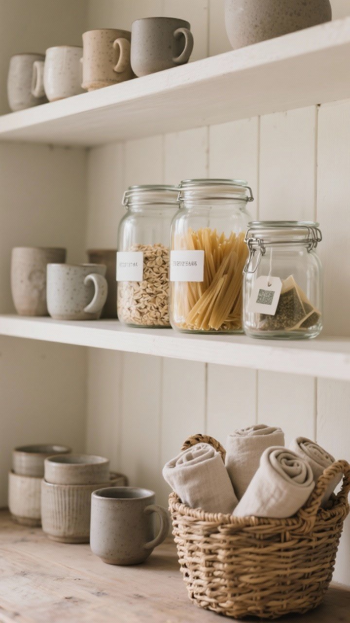 Medium shot, straight-on: Functional everyday staples as decor on open shelves—clear glass jars with simple minimal labels holding oats, pasta, and tea bags (only two jar styles for cohesion), a line of mismatched matte stoneware mugs, and a woven basket neatly holding rolled neutral tea towels. Keep the layout tidy and practical, farmhouse hygge vibe. Soft natural light, photorealistic.