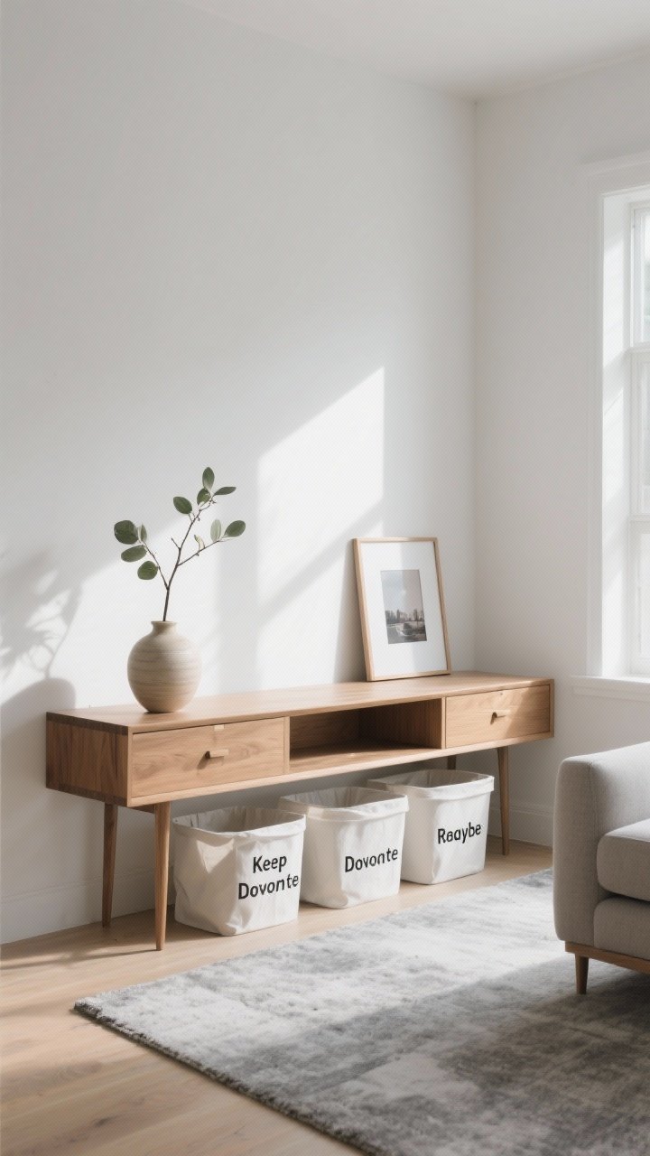 Medium shot, sunlit living room corner showing a freshly edited surface: a slim oak console with only one ceramic vase holding a single leafy branch, a small framed photo, and empty negative space; three labeled bins (Keep, Donate, Relocate) neatly placed on the floor beside it; clean lines, white walls, soft grey floor rug; natural daylight streaming in, conveying intentionality and ruthless editing—no “maybe” pile, surfaces cleared first, drawers closed and minimal decor visible.