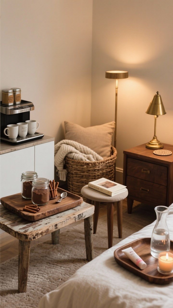 Medium shot trio of cozy ritual stations arranged in one scene: left—compact hot beverage bar with mugs, tea tins, cocoa mix in mason jars, cinnamon sticks, and a small spoon rest on an old cutting board used as a tray; center—a reading nook with a basket of blankets, current book on a side table, brass floor lamp, coaster ready; right—nightstand tray with lip balm, hand cream, water carafe, and a small candle; warm layered lighting, no people