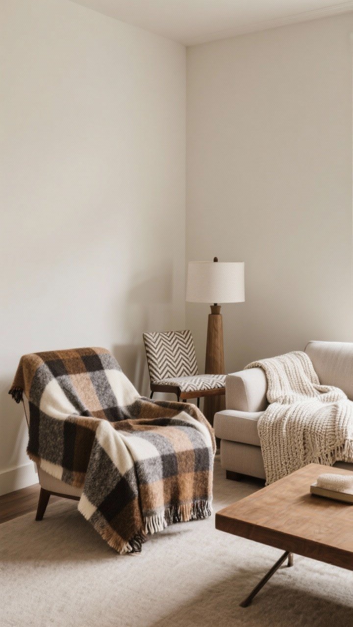 Medium sofa and armchair composition: statement throws for seating. A patterned wool throw in classic plaid (camel, charcoal, cream) over an armchair; a subtle herringbone stripe over a side chair; a solid neutral knit across the sofa. Colors in the same family, varied scale. Soft side lamp light, styled but relaxed.