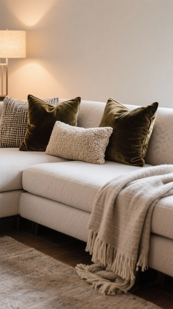 Medium sofa composition, straight-on: pillow math in action—two large 22-inch pillows at the corners, one 20-inch medium, and a textured lumbar at center; fabric mix of velvet, bouclé, and a woven textile with subtle pattern; a soft throw blanket folded at each seat; calm, lived-in look under warm ambient lighting; no excessive fluffing required.