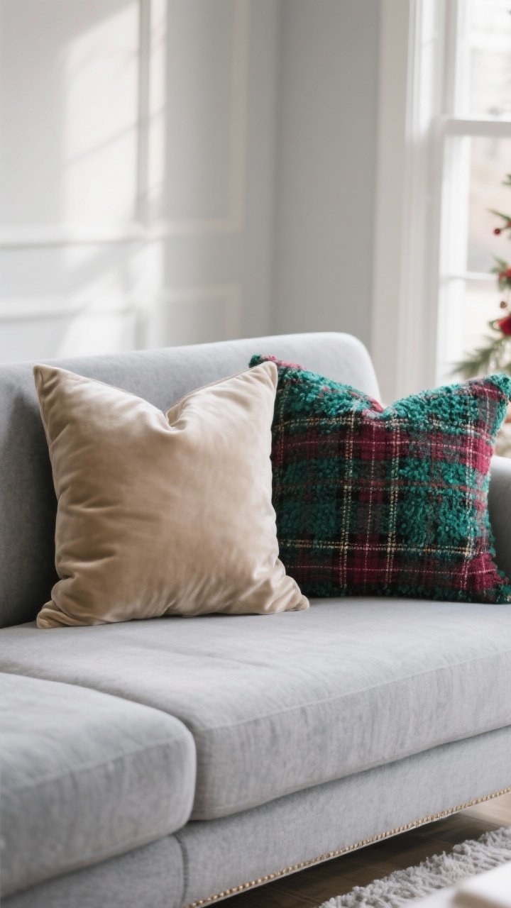 Medium sofa scene featuring a luxe pillow trio: one large neutral velvet cushion (22” x 22”), one patterned pillow in tartan, and one texture wild card in bouclé; jewel-tone palette with emerald and garnet accents against a soft gray sofa; soft winter afternoon light; subtle elegance without holiday motifs.