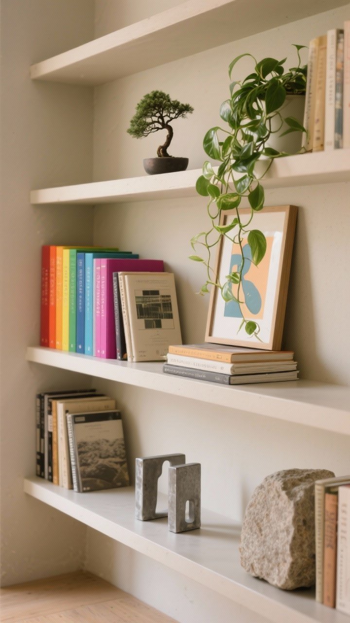 Medium straight-on bookshelf styling: shelves featuring a calm color-blocked arrangement on the left and a playful rainbow-organized section on the right, with a framed art print casually leaned behind a small stack of books, a trailing pothos spilling over an upper shelf, a minimalist bonsai on a lower shelf, and hefty stone and metal bookends actually supporting standing books. Intentional negative space left on one shelf. Warm, even lighting that flatters colors and greenery, photorealistic.