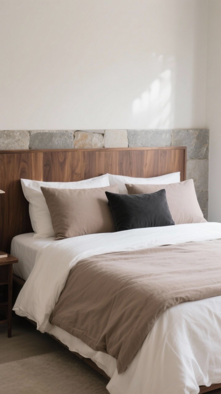 Medium straight-on shot of a neatly made bed showcasing a balanced neutral palette: cream sheets, mushroom-colored duvet cover, taupe shams, and a charcoal lumbar pillow as the dark accent; supporting elements in view include a walnut-toned headboard and stone/ash accents to mix warm and cool neutrals; soft, diffuse daylight for a calm, non-bland neutral mood; minimal decor, no strong patterns, focus on tonal depth and harmony.
