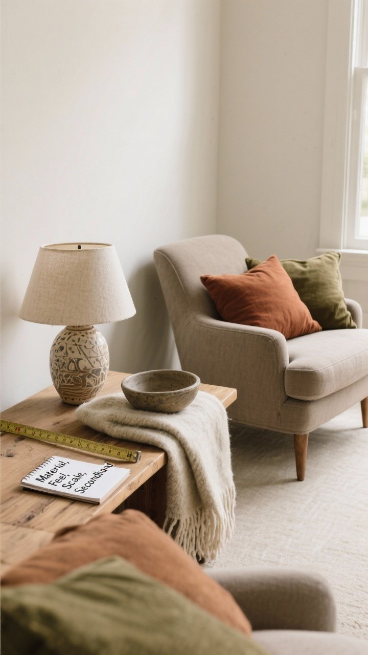 Medium straight-on shot of a thoughtful shopping haul staging area: a neutral-toned room corner featuring a solid wood bench, a handmade ceramic lamp, an heirloom-quality wool throw, and a timeless lounge-worthy chair in mushroom gray; measuring tape on the bench and a notepad labeled “Material, Feel, Scale, Secondhand” as smart filters; a vintage find (stoneware bowl) from a secondhand shop; big pieces in neutrals, trend expressed via small rust and olive pillows; soft morning light, tactile and intentional.
