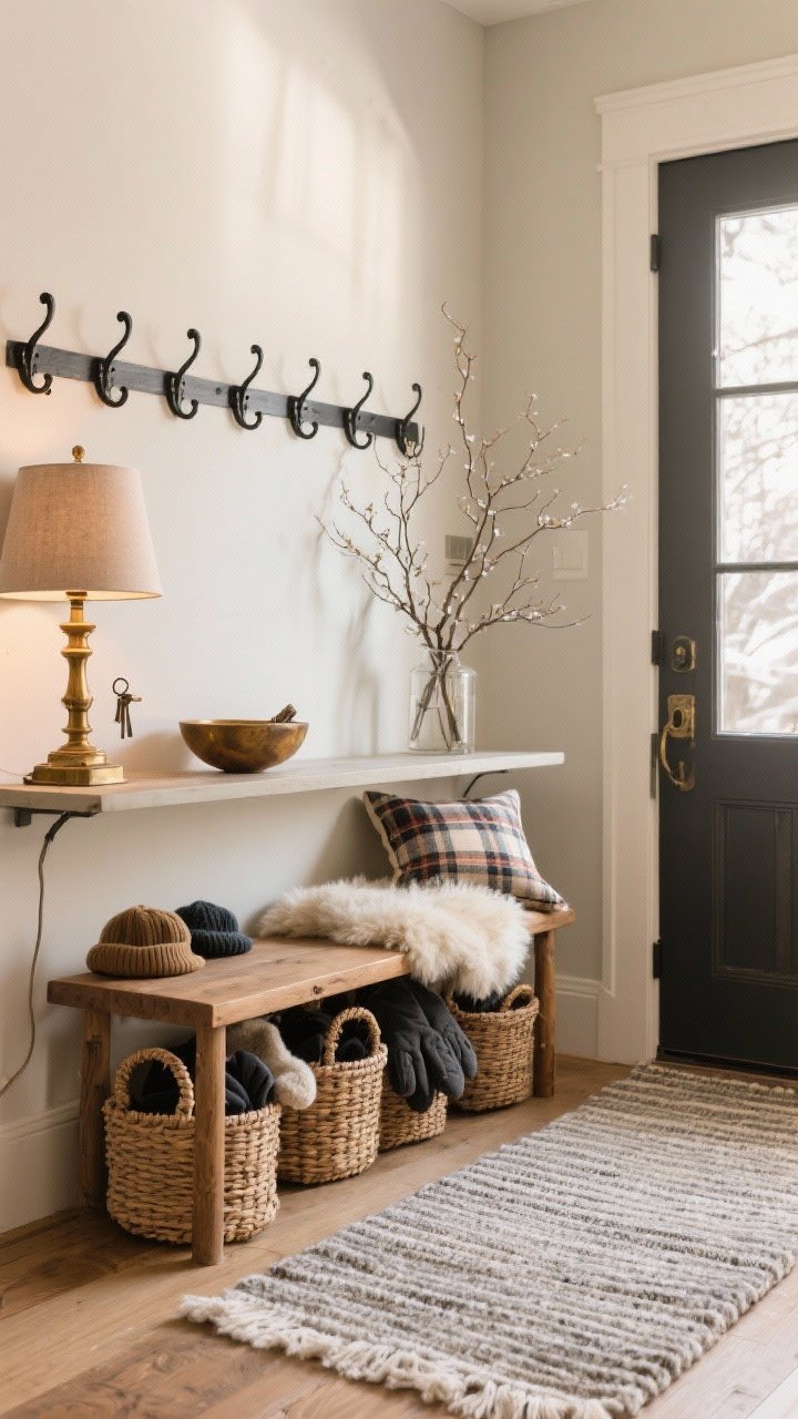 Medium, straight-on shot of an inviting winter entry: woven baskets organized for hats and gloves under a console, a durable wool or flatweave runner, a wooden bench topped with a sheepskin and a single plaid pillow, and wall hooks in black iron or antique brass; console styled with a vintage lamp, key bowl, and branchy arrangement; warm, welcoming light setting the cozy tone.