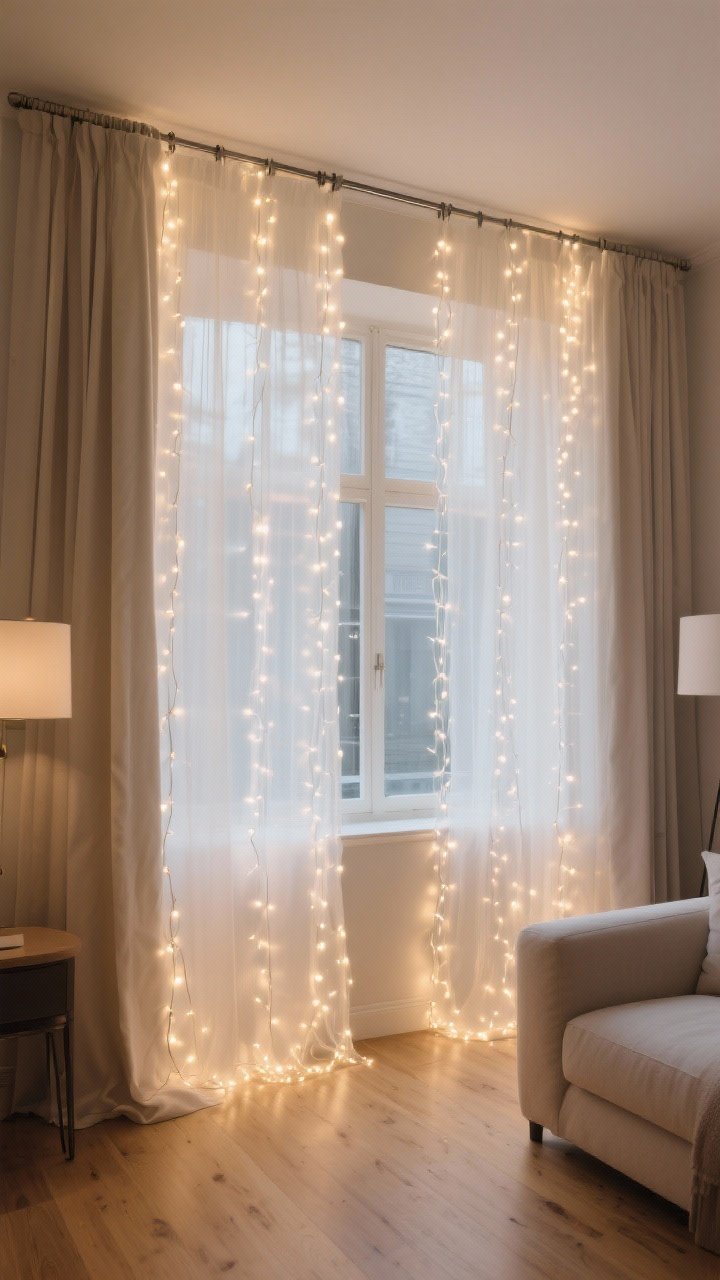 Medium, straight-on view of a living room window transformed with cascade curtain-style fairy lights: warm white LEDs (2700–3000K) clipped along a tension rod, strands falling like a waterfall behind sheer white drapes, soft diffused glow creating a dreamy boutique-hotel ambiance; include a slim curtain rod, neutral linen curtains, light oak floor, and minimal decor; photorealistic, cozy mood, no people.