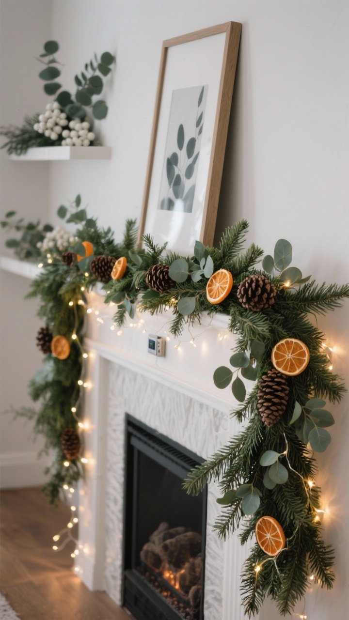 Medium straight-on view of a mantel styled with a full evergreen garland: durable faux cedar/pine base with eucalyptus sprigs woven in, pinecones nestled along the length, and dried orange slices adding warm pops. Warm-white micro fairy lights thread through, battery pack hidden behind a photo frame. Optional Scandinavian variant visible on a nearby shelf with eucalyptus and white berries. Evening ambient glow, photorealistic, no shedding mess.