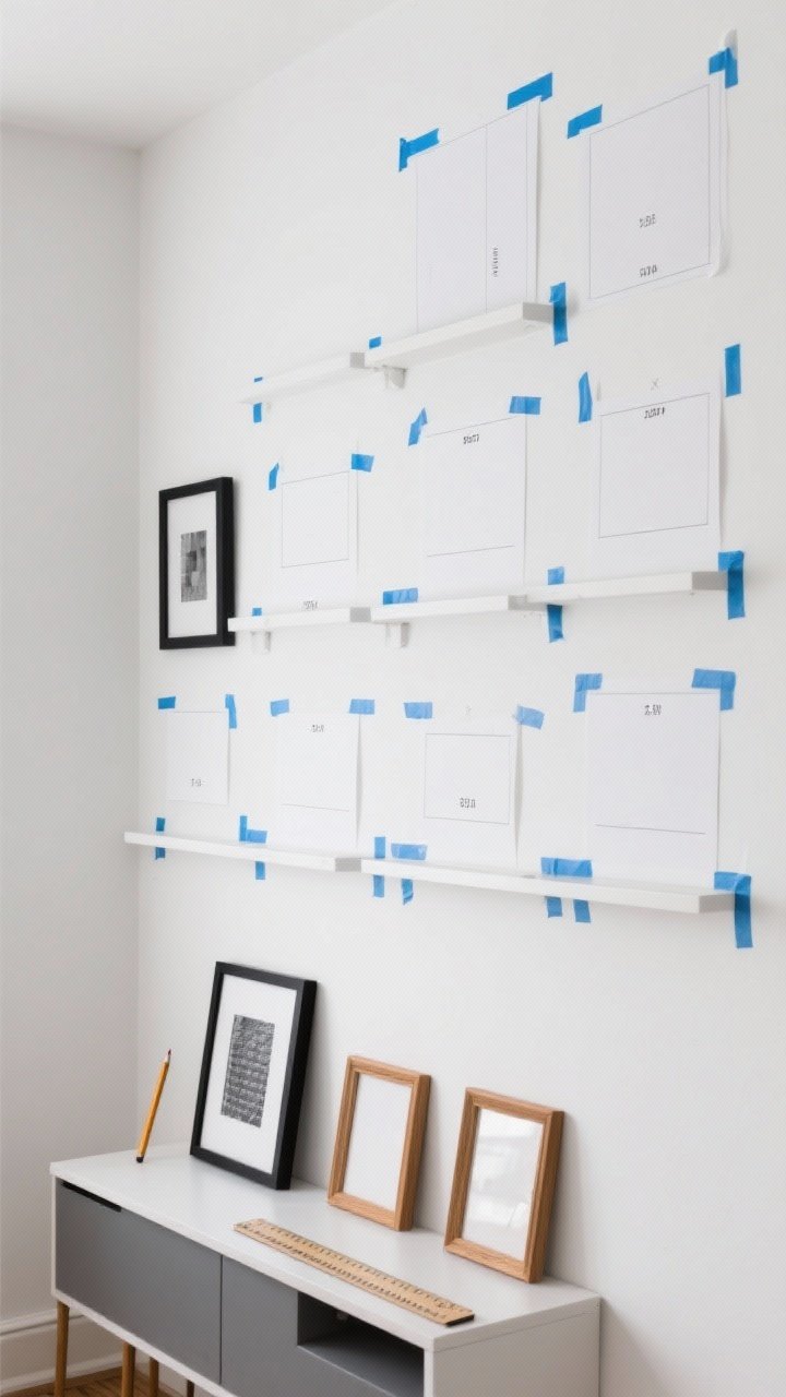 Medium, straight-on view of a white apartment wall staged with removable paper templates taped up with blue painter’s tape, showing various frame sizes mapped out in a cohesive stick-on layout; include Command strips laid on a nearby narrow console, a ruler and pencil, and frames lined with their bottoms at the same height to create a gallery shelf illusion; maintain 2–3 inches spacing between templates; clean, bright natural lighting; neutral palette with white walls and black and warm wood frames for contrast; no nails, focus on the testing-and-rearranging process.