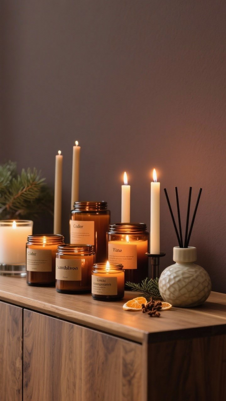 Medium tabletop scene: an assortment of candles on a wood credenza—unscented tapers for dining, amber glass jars labeled cedar, pine, sandalwood; vanilla, cardamom, tonka; bergamot, clove, orange peel. Include LED taper candles and a ceramic diffuser with fir oil. Warm flicker against a deep taupe wall, minimal décor, cozy glow.