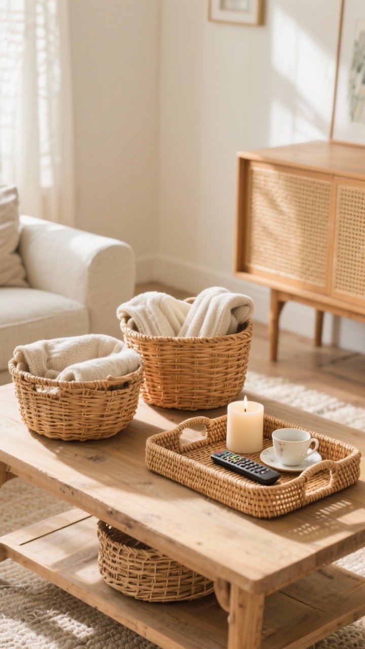 Medium tabletop vignette of wicker, rattan, and cane accents: natural honey-toned wicker baskets storing throws, a rattan tray corralling a candle, remote, and teacup on a wooden coffee table, and a cane-front cabinet edge visible in background; warm, airy cottage feel with gentle shadows; neutral palette to avoid coastal vibe