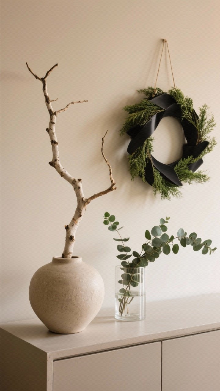 Medium vignette: A neutral stoneware vase holding a single sculptural bare branch (birch) on a simple console; nearby, a clear glass cylinder with clipped eucalyptus and a matte black asymmetrical greenery wreath hung on the wall; vessels understated, greenery the star, warm neutral backdrop, photorealistic.